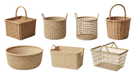 A collection of seven baskets made from natural materials displayed against a neutral background indoors