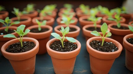 Rows of Seedlings in Terracotta Pots 