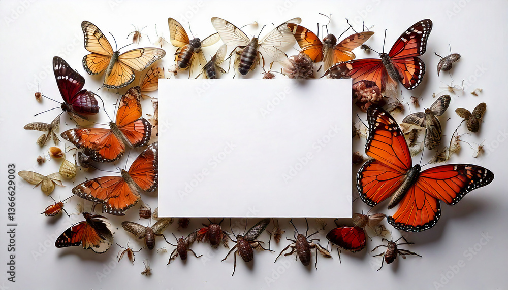Poster bright butterflies and beetles surround a blank white card. colorful insects arranged in a pattern. 