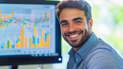 Smiling businessman with financial charts on screen 