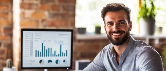 Smiling Businessman with Analytics on Screen 