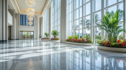 Luxurious lobby with marble floors chandeliers windows tropical plants 