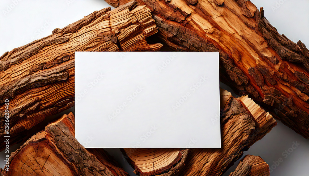 Poster blank white card rests on rustic wood. brown logs and tree bark create a natural border. space for m