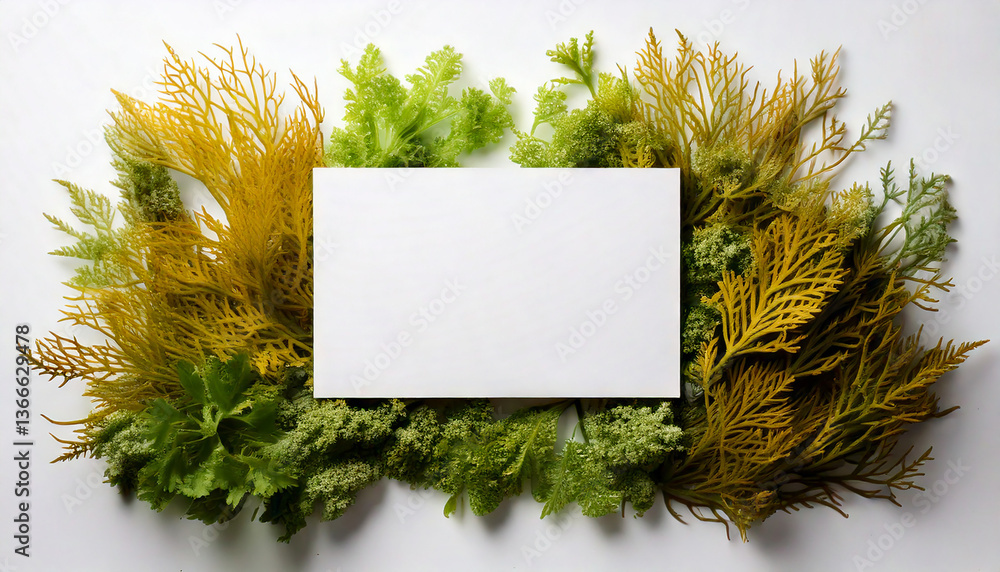 Poster blank white card rests on a bed of green and brown plants. natural frame surrounds the empty space. 