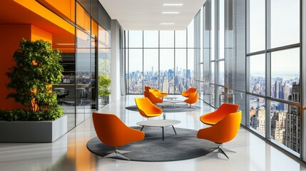 Modern Bright Startup Lobby with Urban View 