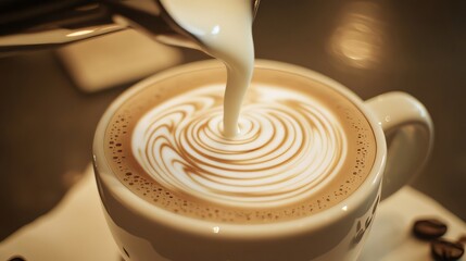 Pouring Milk Into Coffee Creating Latte Art Design for Drink
