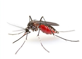 Mosquito with a Full Red Abdomen Sitting on a White Background