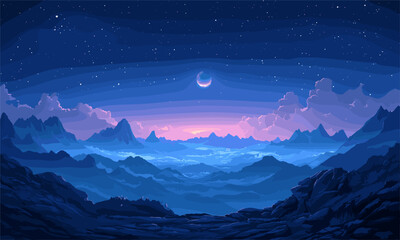 Majestic night sky over mountain range with crescent moon and stars - vector