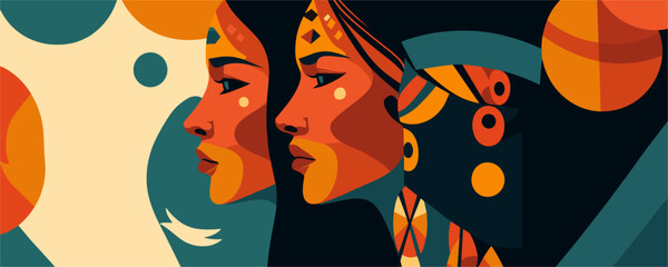 Abstract tribal portrait with geometric patterns in bold colors - vector