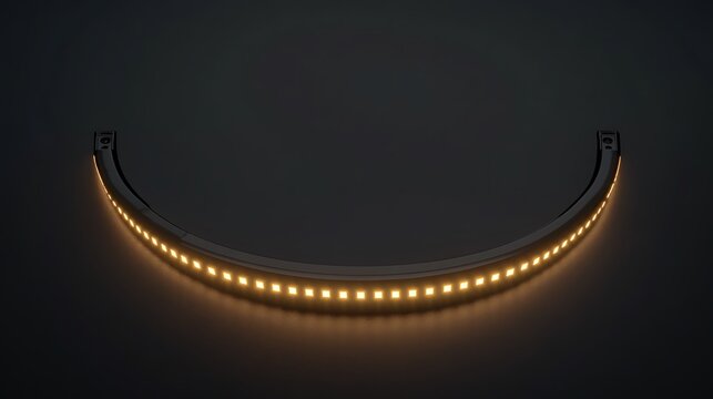 An illuminated curved light fixture glows against a dark background