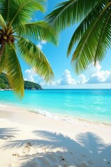 Azure water laps white sand beach, lush palms sway , serene, palm trees