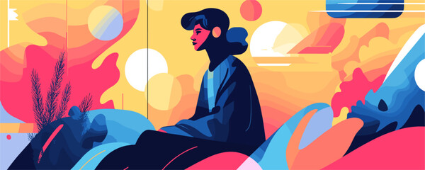 Colorful abstract portrait of sitting woman with geometric shapes and vibrant background vector