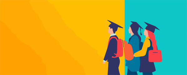 Students in graduation caps and gowns walking forward with backpacks - vector
