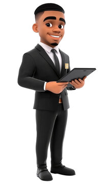 3D Illustration of a Smiling Businessman Holding a Tablet in a Black Suit on White