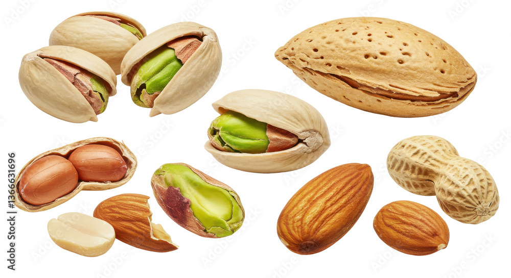 Poster a close up view of various types of nuts including pistachios almonds and peanuts arranged together 