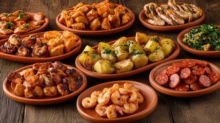 Assorted tapas platter with grilled shrimp, roasted potatoes, and sausage on rustic wooden table