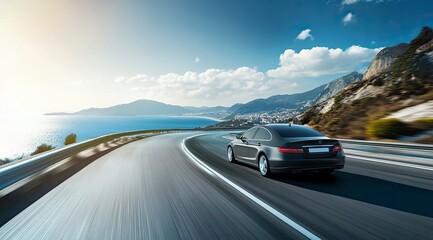 Driving Luxury Car Along Coastal Road with Mountain and Ocean Views