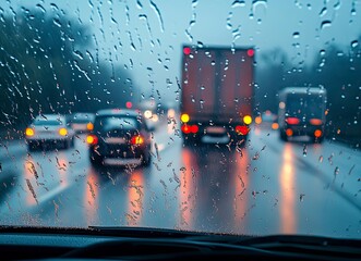 Driving in Heavy Rain View Through Windshield with Car and Truck