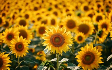 Obraz premium Blooming Sunflower Field During Sunny Day with Yellow Petals and Green Leaves