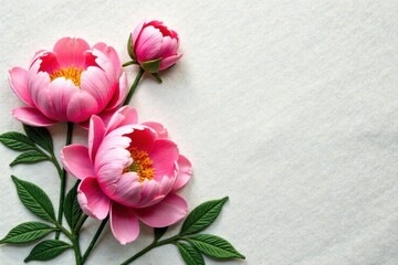 Delicate pink peony blossoms embroidered on linen fabric, blossom, handmade, linen