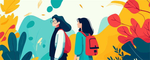 Modern design of two students walking in nature with backpacks &ndash; vector