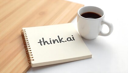  a notepad with the handwritten words thiink.ai and a coffee cup placed on a wooden table, created with generative ai