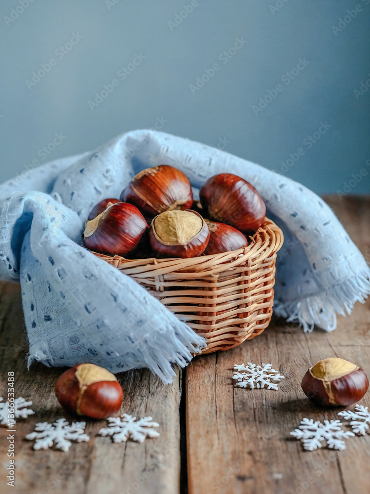 Poster chestnuts in a rustic basket, placed on a wooden surface with scchestnuts in a parchment-lined tray,