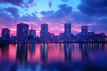 Naklejka premium Cityscape with colorful buildings reflected in calm water at dusk