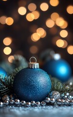 Sparkling Blue Christmas Ornaments and Warm Bokeh Lights Holiday Decoration