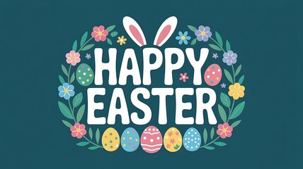 Happy Easter Typography with Cute Bunny Ears Colorful Eggs Floral Wreath and Delicate Spring Leaves on a Dark Teal Background for Festive Greeting Cards Posters and Seasonal Designs. Easter Holiday