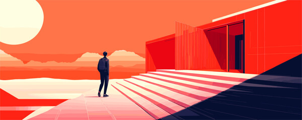 Modern architecture with person at sunset in geometric landscape, vector