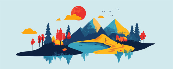 Obraz premium Vibrant mountain landscape with lake and sun vector