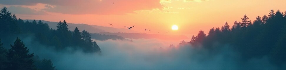Misty dawn, birds in flight over foggy forest, wings, branches