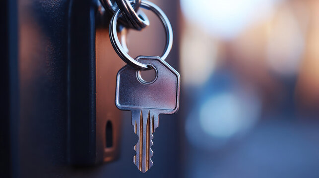 A close up of shiny metal key on keyring inserted into lock, symbolizing security and new beginnings for first time home buyers
