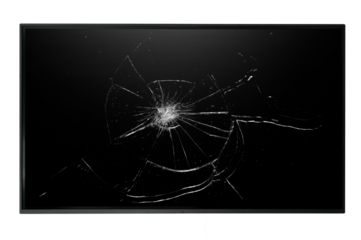 Digital board, lcd panel. Large computer monitor display with broken screen isolated on transparent background