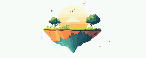 Floating island with trees and birds in the sunlight - vector