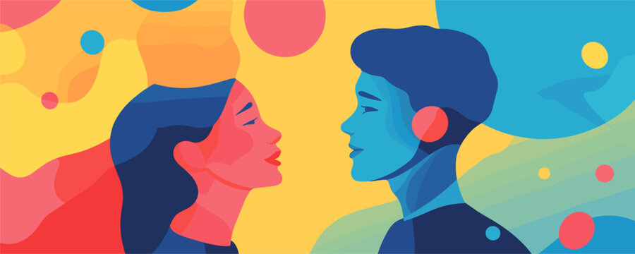 Colorful couple facing each other in abstract artistic style - vector