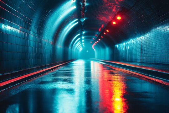 Neon tunnel with reflections on wet floor and red blue lights