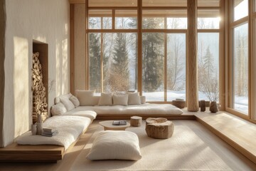 Tranquil living room with large windows minimal decor and warm tones