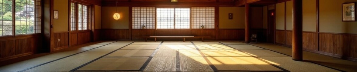Serene dojo; tatami mats, traditional decor, prepared for martial arts training , room, clean