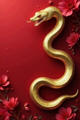 Obraz premium Shiny gold serpent on crimson, floral backdrop, wildlife, element