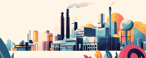 Obraz premium Colorful industrial cityscape with smokestacks and buildings in modern style - vector