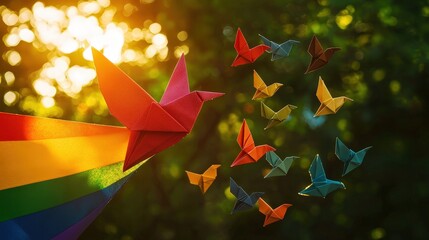 Colorful origami birds soaring at sunset with rainbow flag, symbolizing freedom and diversity