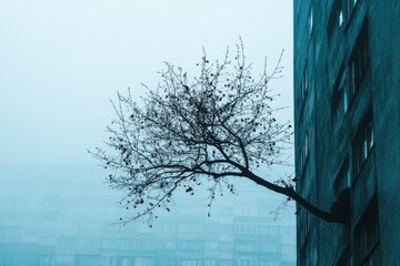 Bare tree with raindrops clinging to branches in front of turquoise wall