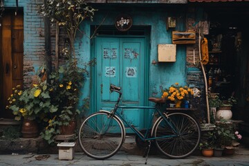Charming entrance with blue door and bicycle against rustic wall with flowers