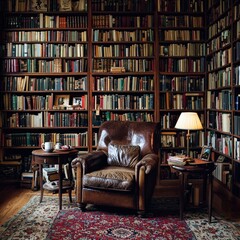 Cozy library interior with leather armchair, bookshelves, and warm lighting