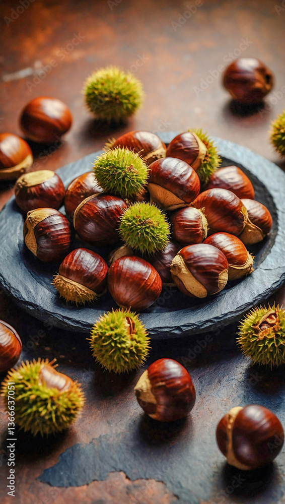 Poster chestnuts scattered on a slate platter, isolated on a brown background with soft shadows and warm li