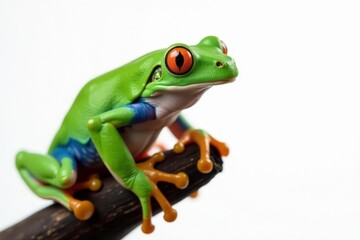 Obraz premium Green tree frog perched on white, vibrant color , green frog, isolated frog