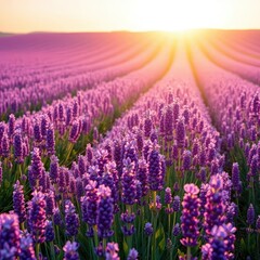 Obraz premium Vast purple lavender field in full bloom, sunlit rows, flowers, image