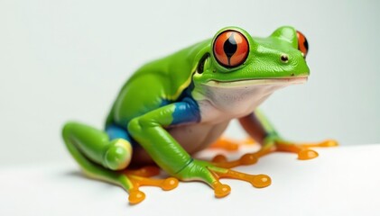 Obraz premium Green tree frog, perched on white, vibrant skin , closeup, tree frog, white